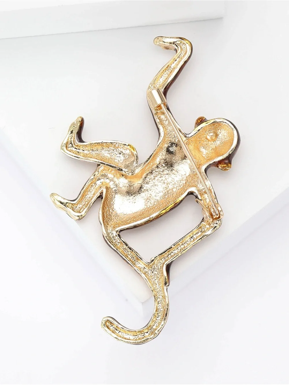 Rhinestone Monkey Brooch Pin Gold Tone Brown Enamel Green Eyes Statement Jewelry